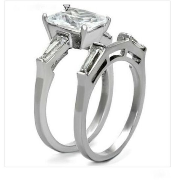 Princess Cut Engagement Wedding Ring Set Size 9 10 CZ Silver Rhodium Plated - Picture 3 of 12